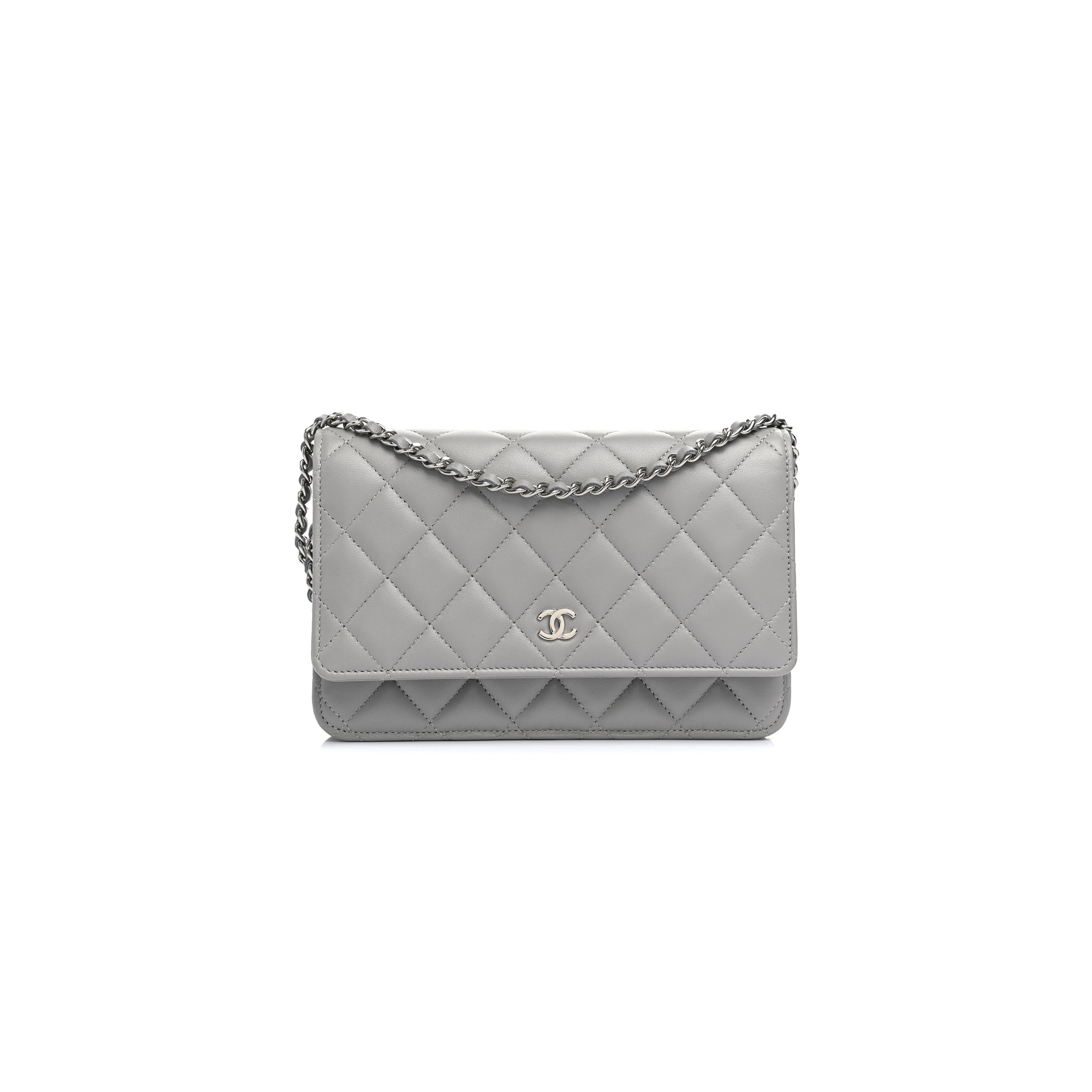 CHANEL LAMBSKIN QUILTED WALLET ON CHAIN WOC GREY (19*13*3cm)